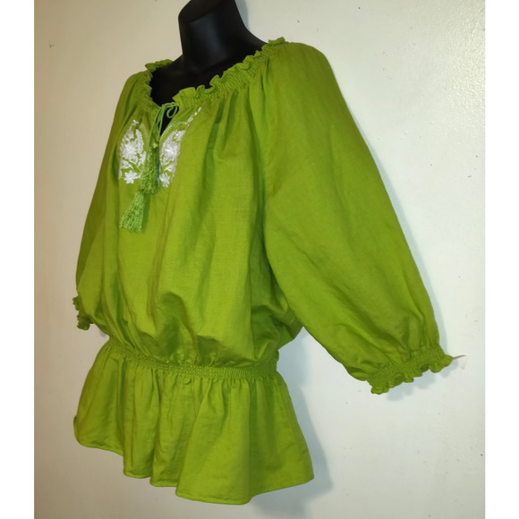 Lime Green Linen Blend Top Women's Blouse 2X Embroidered Tassels Boho Festival - Picture 2 of 16